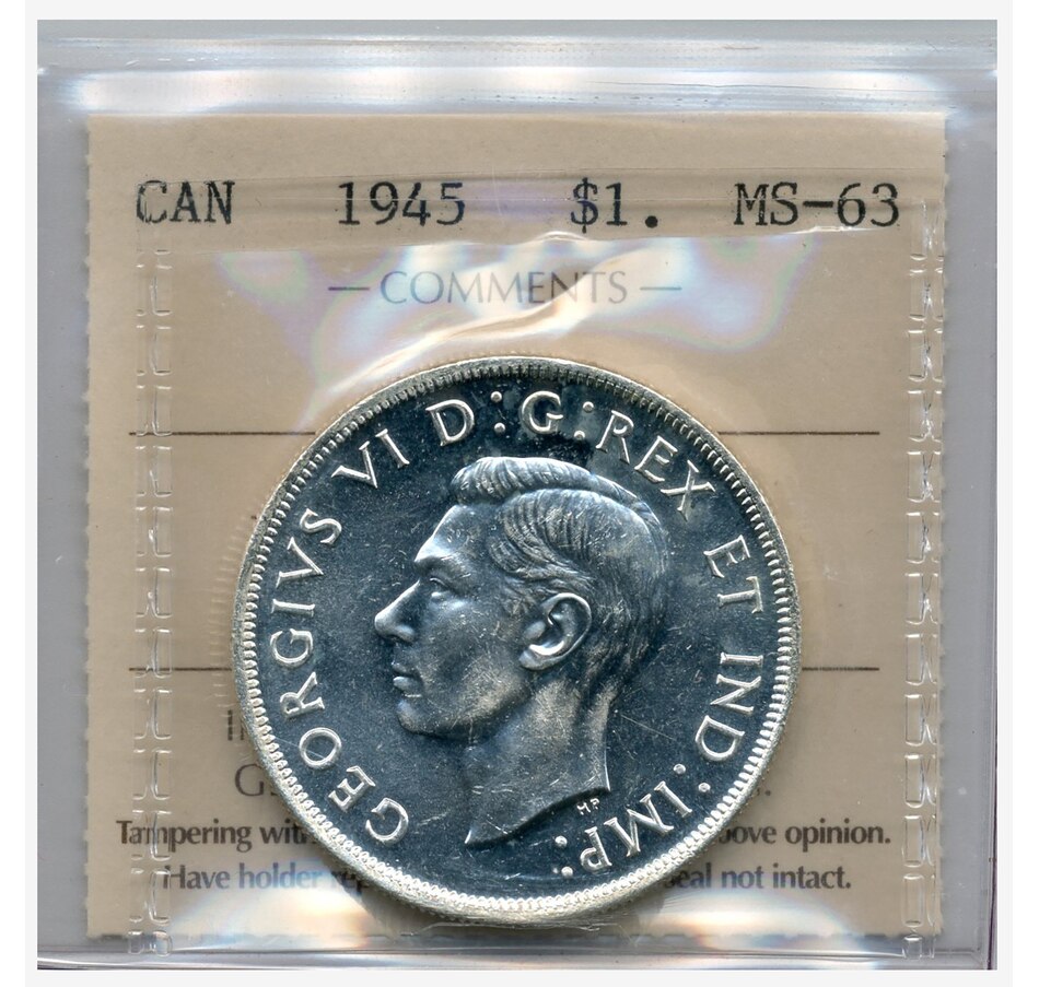 Image 751496.jpg, Product 751-496 / Price $995.00, Rare Low-Mintage 1945 Silver Dollar, ICCS Graded Uncirculated MS-63 from Canadian Coin & Currency on TSC.ca's Coins department