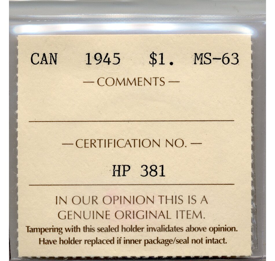 Image 751496_ALTMORE2.jpg, Product 751-496 / Price $995.00, Rare Low-Mintage 1945 Silver Dollar, ICCS Graded Uncirculated MS-63 from Canadian Coin & Currency on TSC.ca's Coins department