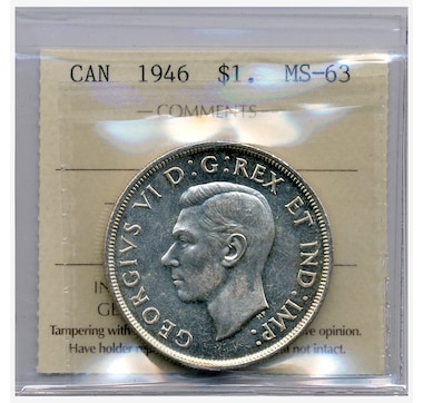 Scarce Low-Mintage 1946 Silver Dollar, ICCS Graded Choice Uncirculated MS-63