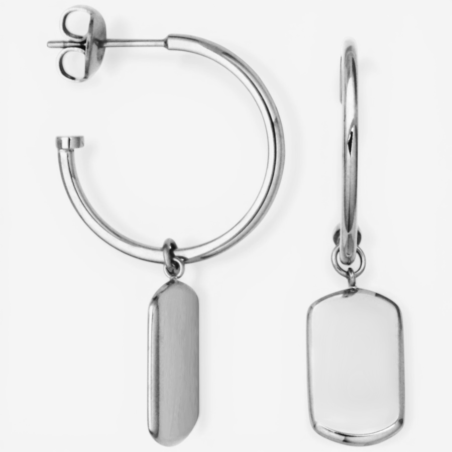 Image 752274_SSL.jpg, Product 752-274 / Price $70.00, STEELX Dog Tag Dangle Charm 20mm Half Hoop Earrings from Steelx on TSC.ca's Jewellery department