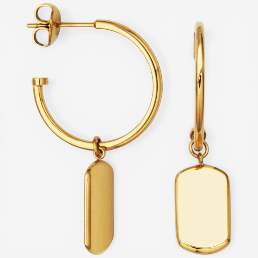 Image 752274_YGP.jpg, Product 752-274 / Price $70.00, STEELX Dog Tag Dangle Charm 20mm Half Hoop Earrings from Steelx on TSC.ca's Jewellery department