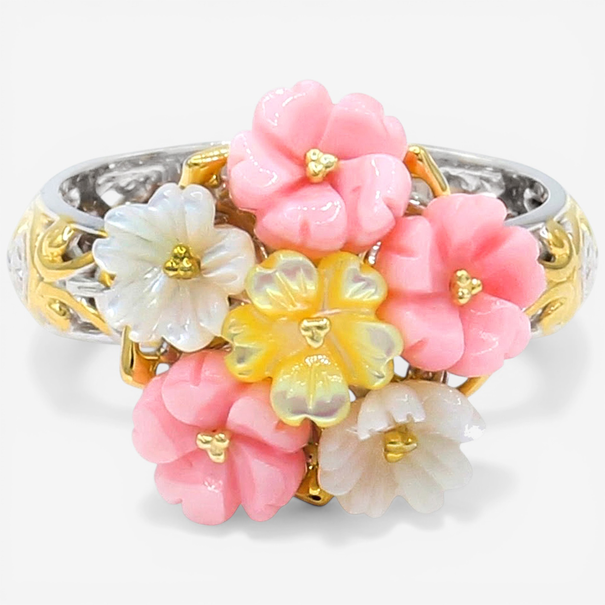 Gems En Vogue Palladium Silver Carved Shell Flower Ring - TSC.ca
