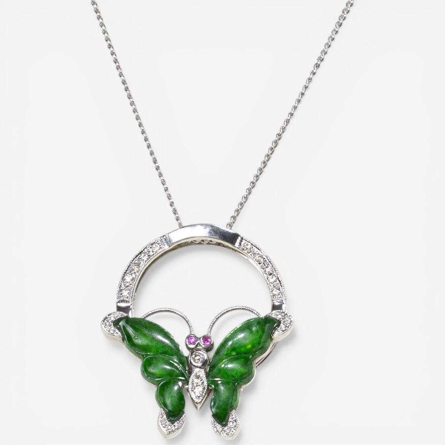 Image 752385.jpg, Product 752-385 / Price $3,995.00, Estate Originals 18K White Gold Jadeite Jade and Diamond Butterfly Pendant from Estate Originals on TSC.ca's Jewellery department