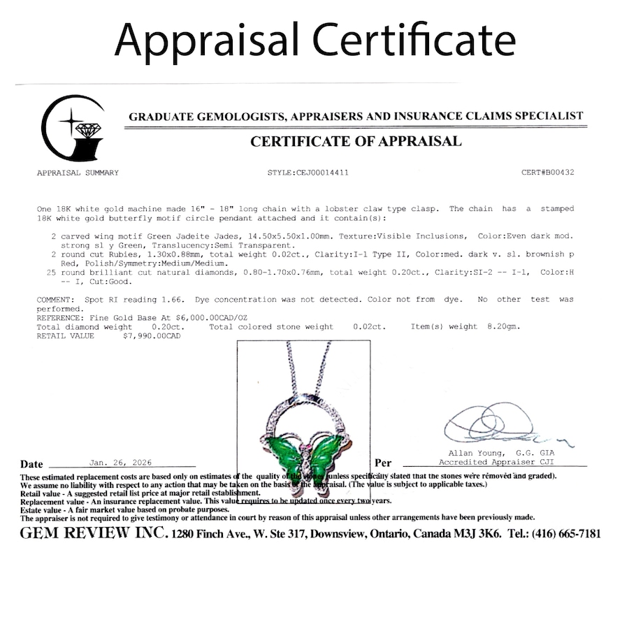 Image 752385_ALTMORE5.jpg, Product 752-385 / Price $3,995.00, Estate Originals 18K White Gold Jadeite Jade and Diamond Butterfly Pendant from Estate Originals on TSC.ca's Jewellery department