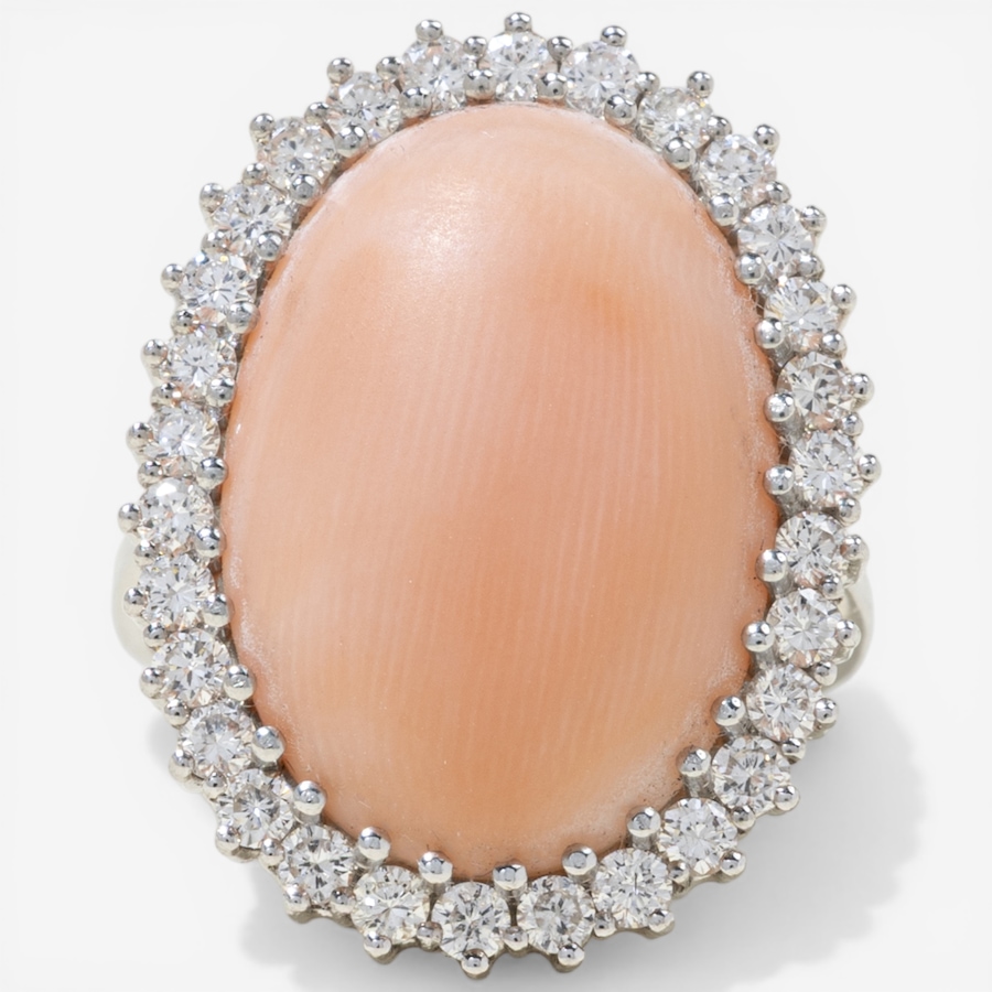 Image 752387.jpg, Product 752-387 / Price $3,395.00, Estate Originals 14K White Gold 10.54-Carat Coral and Diamond Halo Ring, Signed "Handarbeit" from Estate Originals on TSC.ca's Jewellery department