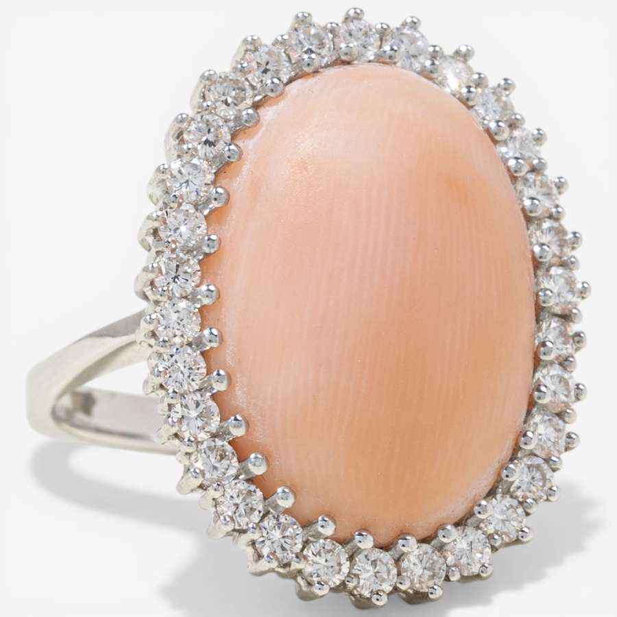 Image 752387_ALTMORE1.jpg, Product 752-387 / Price $3,395.00, Estate Originals 14K White Gold 10.54-Carat Coral and Diamond Halo Ring, Signed "Handarbeit" from Estate Originals on TSC.ca's Jewellery department