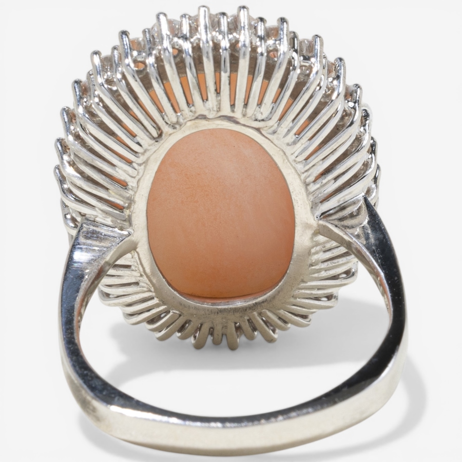 Image 752387_ALTMORE3.jpg, Product 752-387 / Price $3,395.00, Estate Originals 14K White Gold 10.54-Carat Coral and Diamond Halo Ring, Signed "Handarbeit" from Estate Originals on TSC.ca's Jewellery department