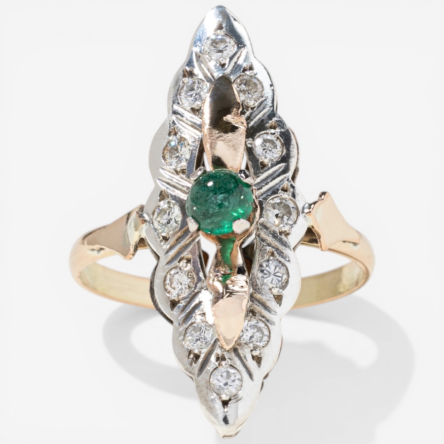 Image 752421.jpg, Product 752-421 / Price $2,495.00, Estate Originals 14K Yellow and White Gold Vintage Emerald and Diamond Navette Ring from Estate Originals on TSC.ca's Jewellery department