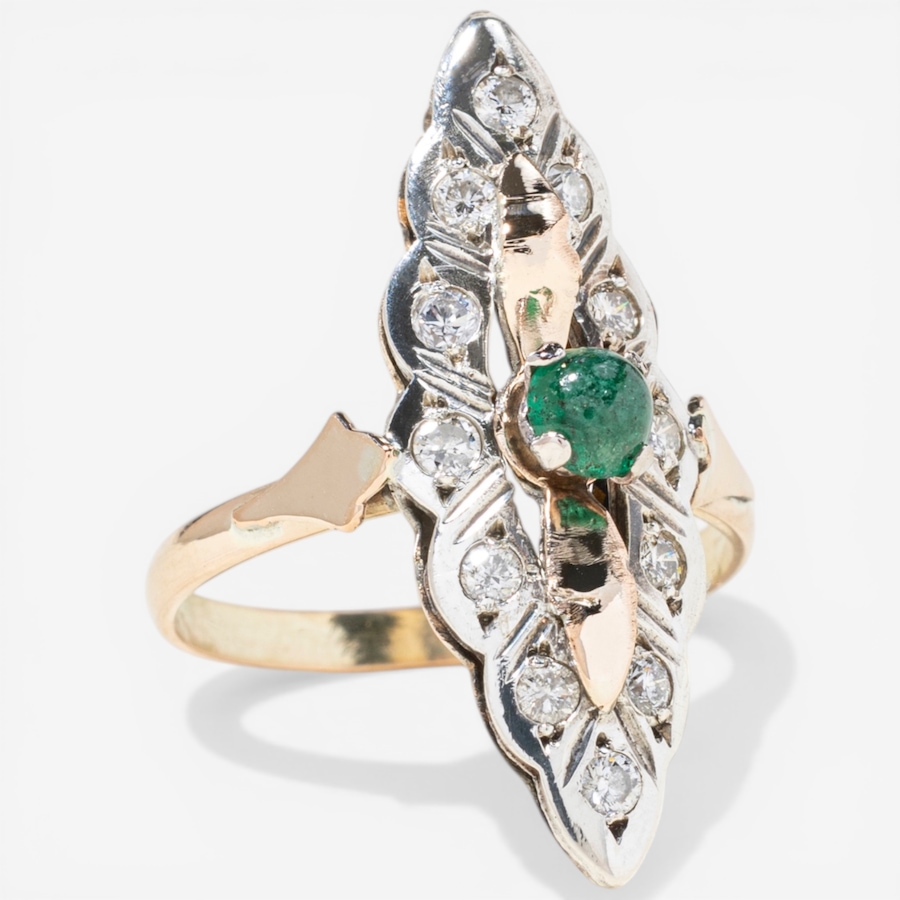 Image 752421_ALTMORE1.jpg, Product 752-421 / Price $2,495.00, Estate Originals 14K Yellow and White Gold Vintage Emerald and Diamond Navette Ring from Estate Originals on TSC.ca's Jewellery department