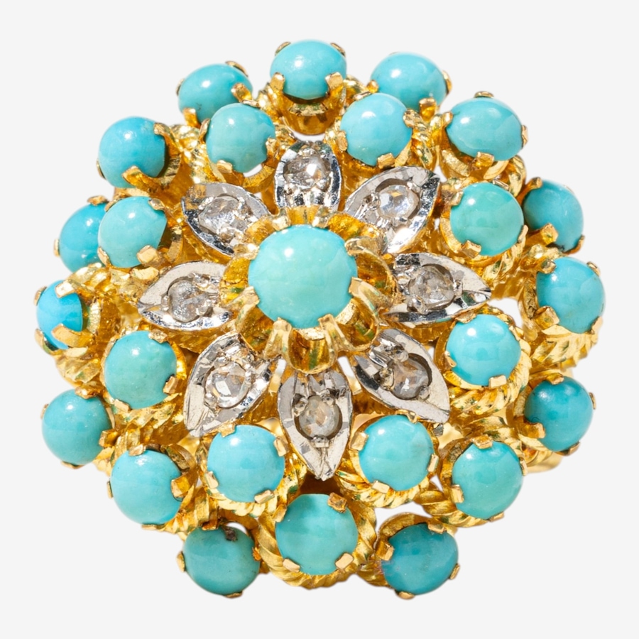 Image 752430.jpg, Product 752-430 / Price $7,295.00, Estate Originals 18K Yellow and White Gold Turquoise and Rose-Cut Diamond Cluster Ring from Estate Originals on TSC.ca's Jewellery department