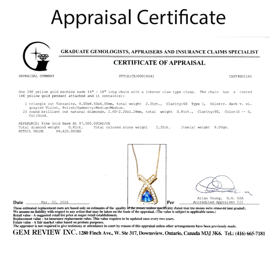 Image 752431_ALTMORE5.jpg, Product 752-431 / Price $4,795.00, Estate Originals 14K Yellow Gold 2.35 ctw Trilliant-Cut Tanzanite and Diamond Pendant from Estate Originals on TSC.ca's Jewellery department