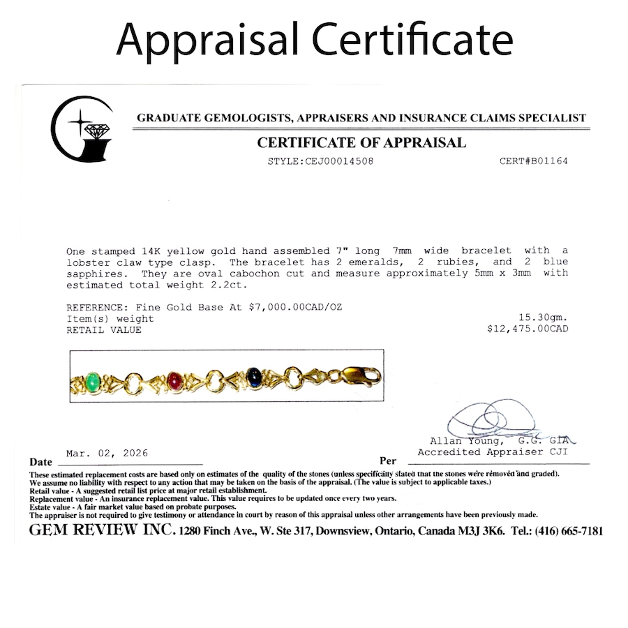 Image 752437_ALTMORE3.jpg, Product 752-437 / Price $5,995.00, Estate Originals 14K Yellow Gold 7" Cabochon-Cut Emerald, Ruby and Sapphire Bracelet from Estate Originals on TSC.ca's Jewellery department