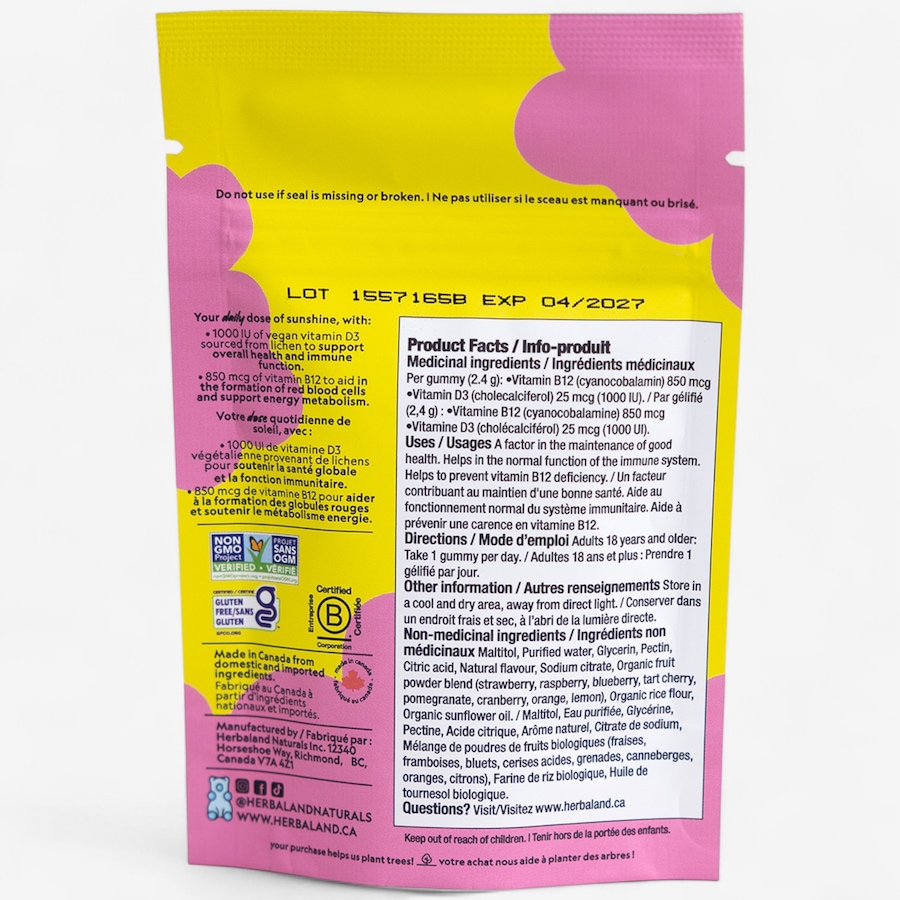 Image 752779_ALTMORE1.jpg, Product 752-779 / Price $7.99, Herbaland Vegan D3 & B12 Gummies 10-Count Travel from Herbaland Naturals on TSC.ca's Health & Fitness department