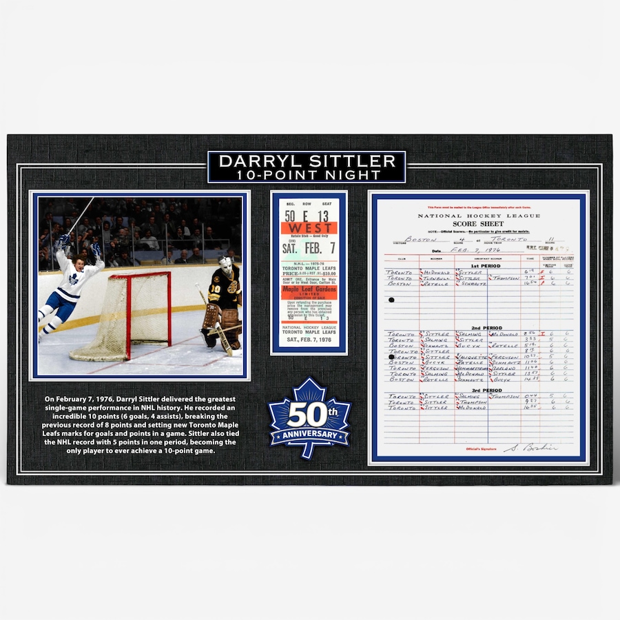 Image 753521.jpg, Product 753-521 / Price $99.99, Darryl Sittler Toronto Maple Leafs Framed 10 Point Night Replica Score Sheet and Ticket (50th Anniversary Edition) from Frameworth on TSC.ca's Sports department