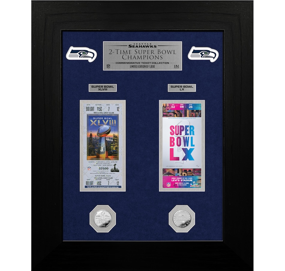 Image 753555.jpg, Product 753-555 / Price $209.99, Seattle Seahawks Superbowl LX Two-Time Champs Deluxe Frame from Highland Mint on TSC.ca's Sports department