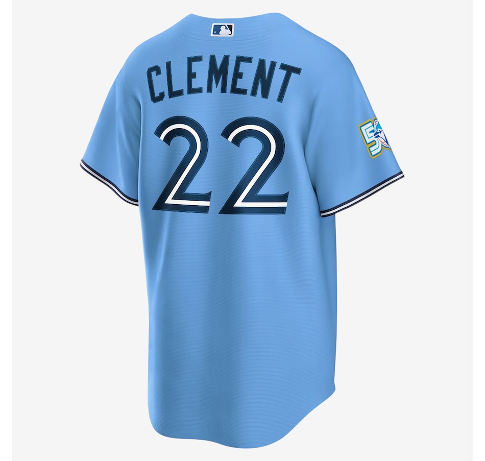 Image 753687_ALTMORE1.jpg, Product 753-687 / Price $288.99, Men's Toronto Blue Jays Nike 50th Anniversary Ernie Clement Alternate Replica Jersey (powder blue) from Nike on TSC.ca's Sports department