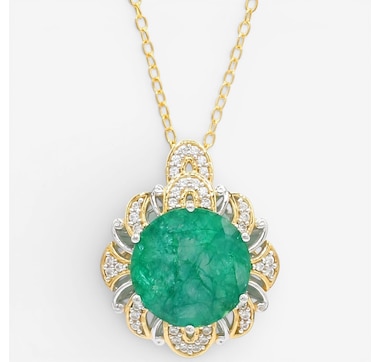 Gems En Vogue Palladium Silver Zambian Emerald &amp; White Zircon Pendant With Chain