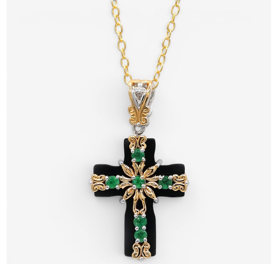 Image 755742.jpg, Product 755-742 / Price $379.99, Gems En Vogue Palladium Silver Black Onyx & Zambian Emerald Cross Pendant With Chain from Gems En Vogue on TSC.ca's Jewellery department