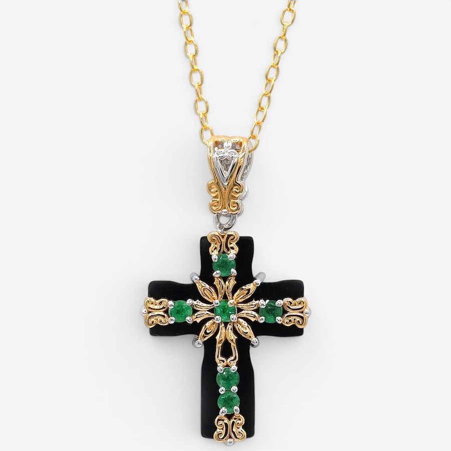 Image 755742.jpg, Product 755-742 / Price $329.99, Gems En Vogue Palladium Silver Black Onyx & Zambian Emerald Cross Pendant With Chain from Gems En Vogue on TSC.ca's Jewellery department
