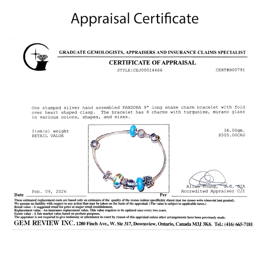 Image 755848_ALTMORE4.jpg, Product 755-848 / Price $450.00, Estate Originals Sterling Silver Pandora 9" Moments Bracelet with Charms from Estate Originals on TSC.ca's Jewellery department