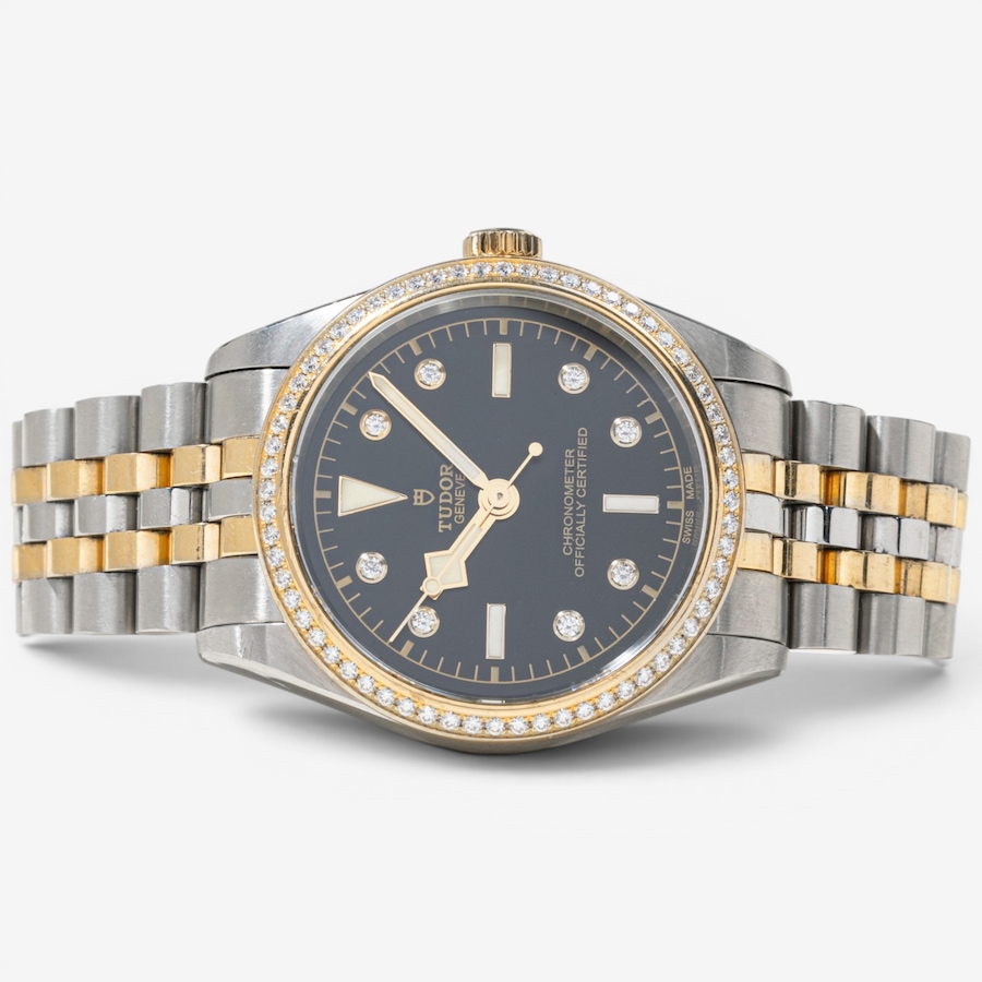 Image 755849.jpg, Product 755-849 / Price $9,995.00, Estate Originals Stainless Steel and 18K Yellow Gold Tudor Black Bay Watch with Diamond Bezel and Diamond Markers from Estate Originals on TSC.ca's Jewellery department