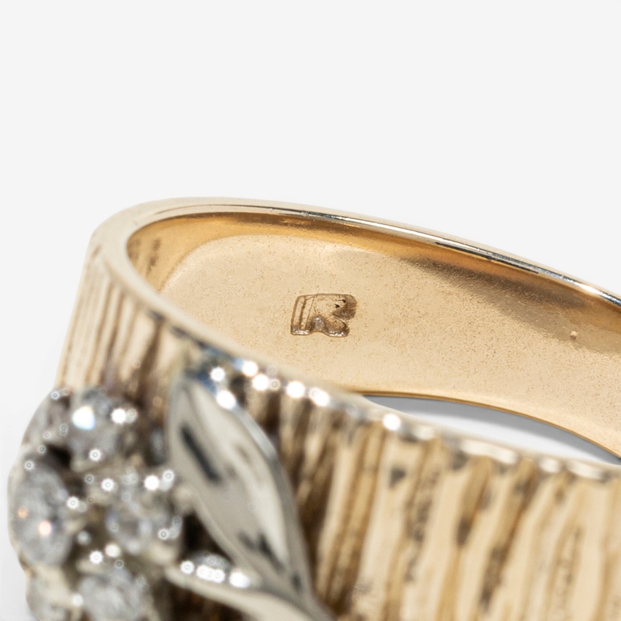 Image 755853_ALTMORE4.jpg, Product 755-853 / Price $1,995.00, Estate Originals 10–14K Yellow and White Gold Floral Design Diamond RIng with a Bark Finish Band from Estate Originals on TSC.ca's Jewellery department