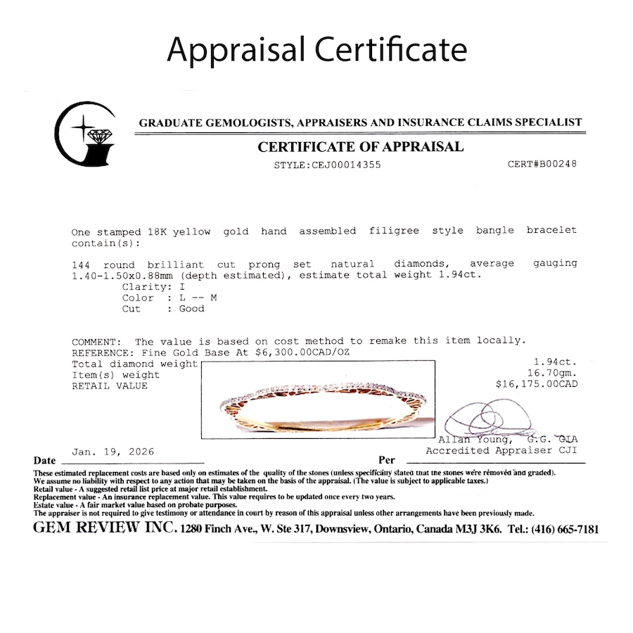 Image 755854_ALTMORE5.jpg, Product 755-854 / Price $7,995.00, Estate Originals 18K Yellow Gold Filigree Diamond Wave Slip on Bangle Bracelet with Filigree from Estate Originals on TSC.ca's Jewellery department