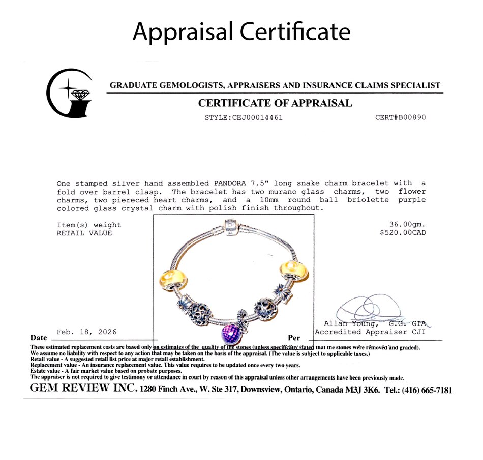 Image 755856_ALTMORE4.jpg, Product 755-856 / Price $450.00, Estate Originals Sterling Silver 7.5" Pandora Moments Bracelet with Charms from Estate Originals on TSC.ca's Jewellery department
