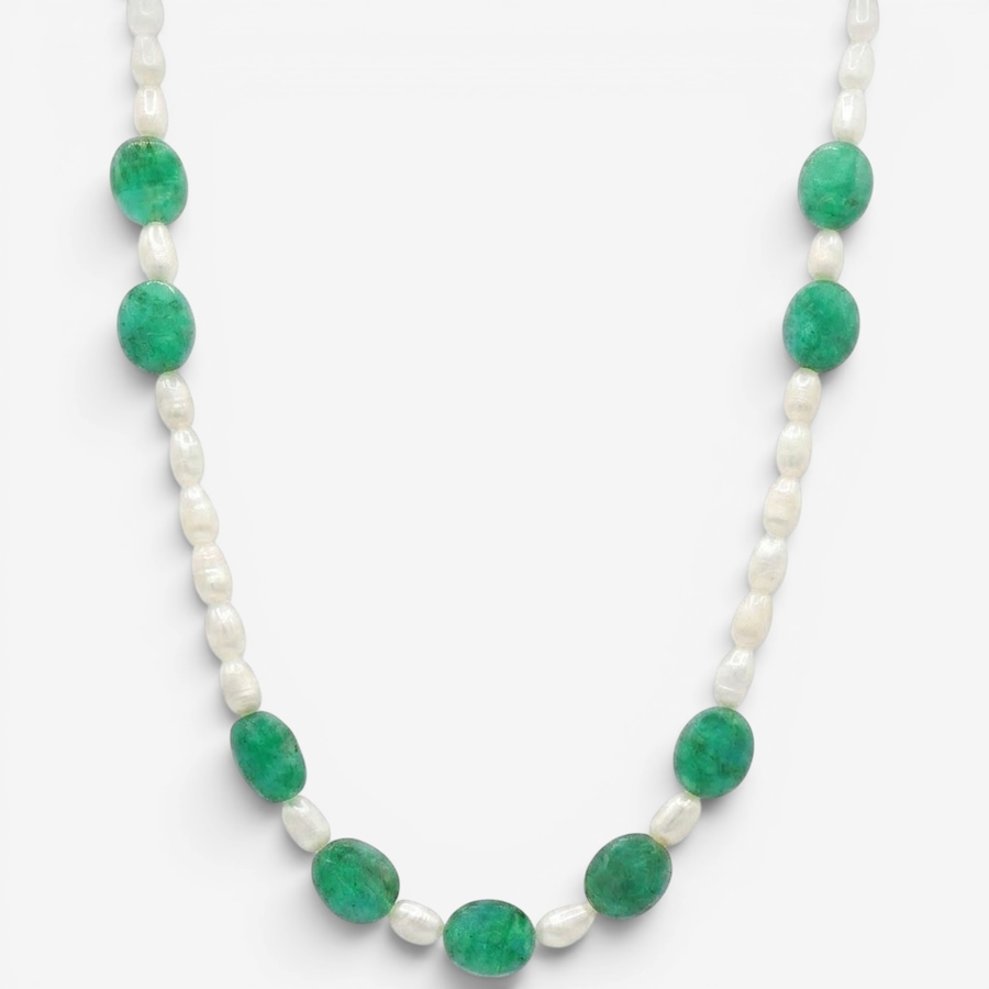 Image 755871.jpg, Product 755-871 / Price $249.99, Gems En Vogue Palladium Silver Tumbled Bead Emerald & Pearl Necklace from Gems En Vogue on TSC.ca's Jewellery department