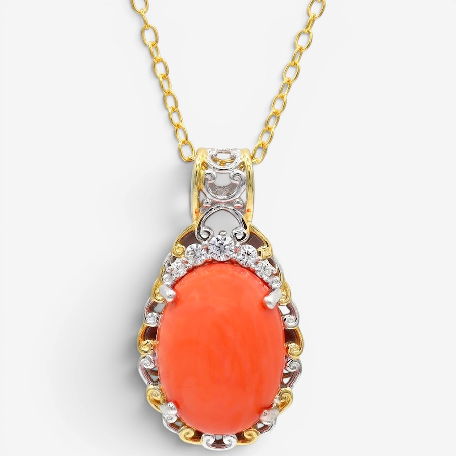 Image 755882.jpg, Product 755-882 / Price $199.99, Gems En Vogue Palladium Silver Salmon Coral & White Zircon Pendant With Chain from Gems En Vogue on TSC.ca's Jewellery department