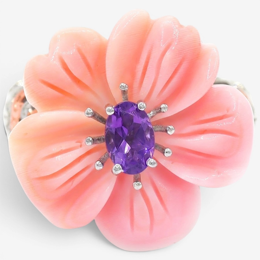 Image 755897.jpg, Product 755-897 / Price $179.99, Gems En Vogue Palladium Silver Pink Conch Flower Shell & Amethyst Ring from Gems En Vogue on TSC.ca's Jewellery department