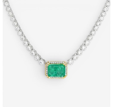 Gems En Vogue Palladium Silver Zambian Emerald &amp; White Zircon Tennis Necklace