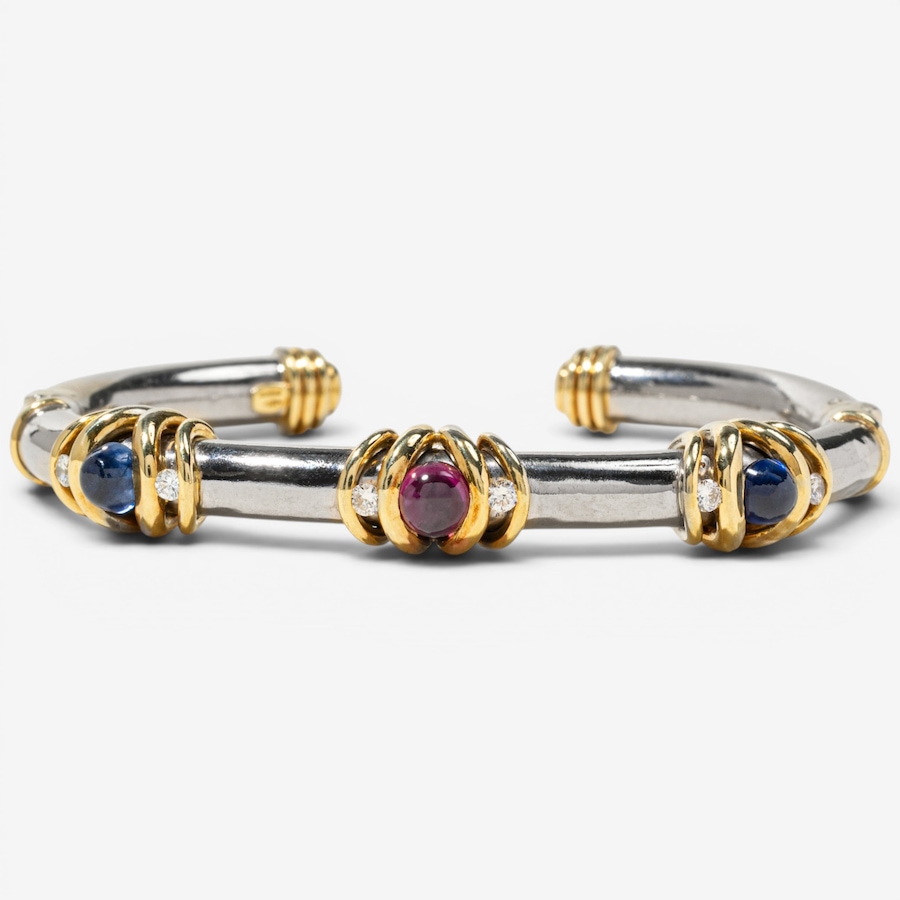 Image 755950.jpg, Product 755-950 / Price $10,995.00, Estate Originals 18K White and Yellow Gold Cabochon-Cut Ruby and Sapphire Open-Cuff Bracelet with Diamonds from Estate Originals on TSC.ca's Jewellery department