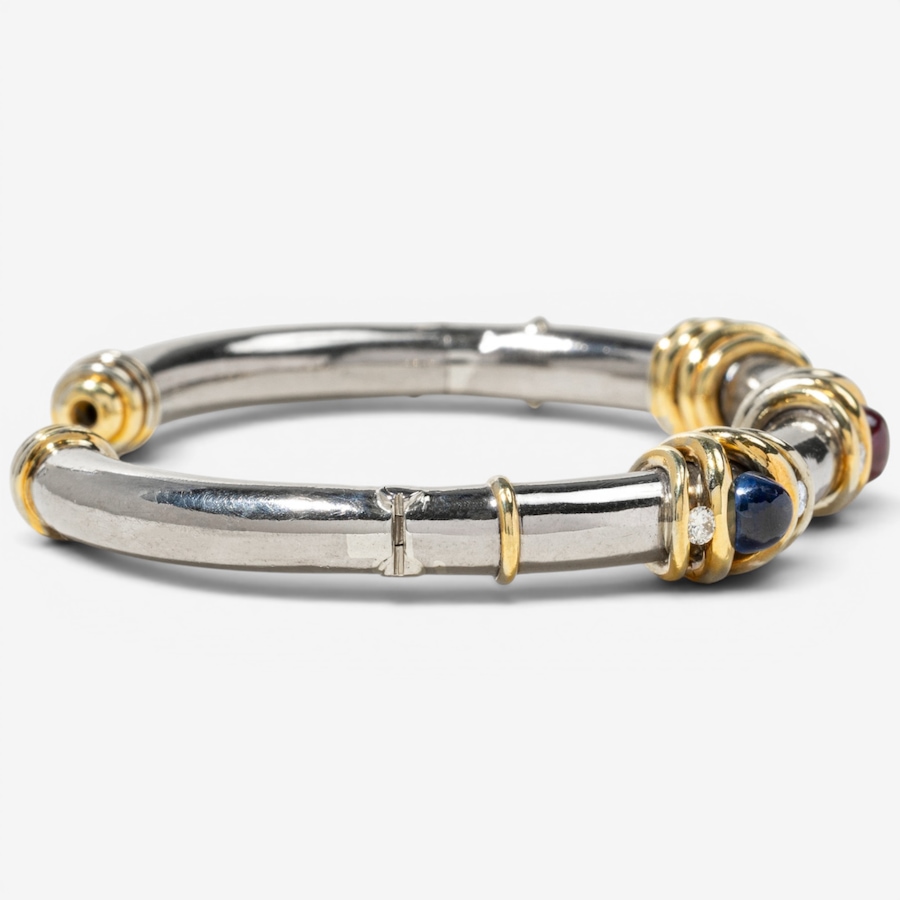 Image 755950_ALTMORE2.jpg, Product 755-950 / Price $10,995.00, Estate Originals 18K White and Yellow Gold Cabochon-Cut Ruby and Sapphire Open-Cuff Bracelet with Diamonds from Estate Originals on TSC.ca's Jewellery department