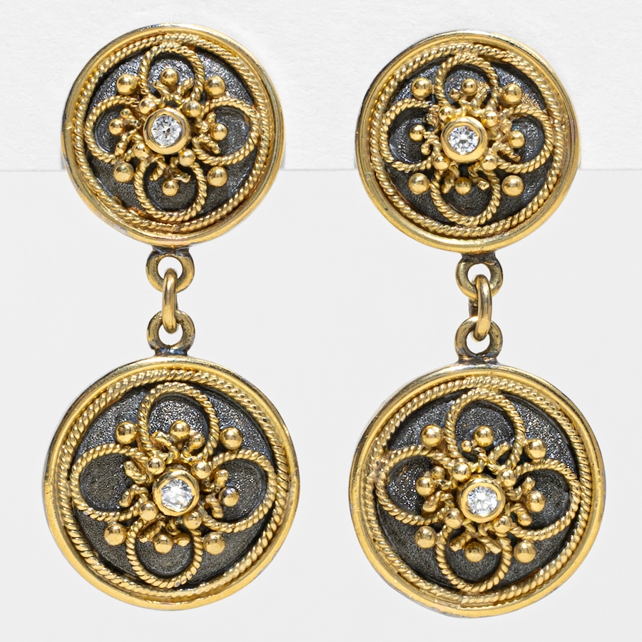 Image 755955.jpg, Product 755-955 / Price $6,495.00, Estate Originals 18K Yellow and White Gold Double Disc Drop Byzantine Diamond Earrings, Signed "Dovris" from Estate Originals on TSC.ca's Jewellery department