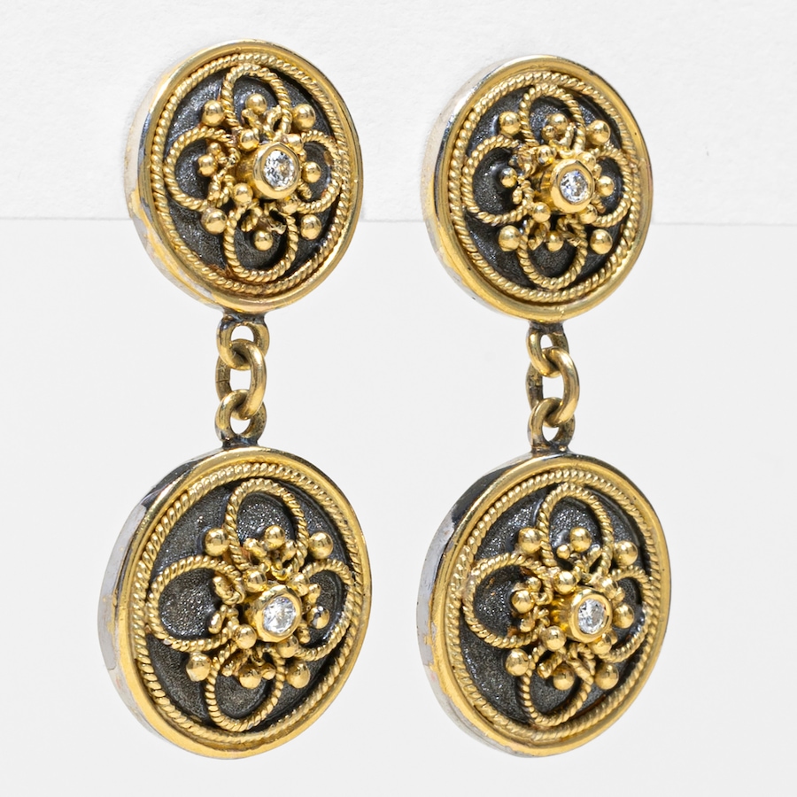 Image 755955_ALTMORE1.jpg, Product 755-955 / Price $6,495.00, Estate Originals 18K Yellow and White Gold Double Disc Drop Byzantine Diamond Earrings, Signed "Dovris" from Estate Originals on TSC.ca's Jewellery department