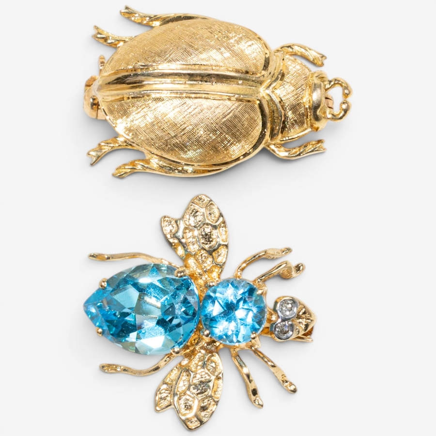 Image 755968.jpg, Product 755-968 / Price $1,995.00, Estate Originals 14K Yellow Gold Blue Topaz Bee Motif and 18K Yellow Gold Beetle Motif Scatter Pins from Estate Originals on TSC.ca's Jewellery department