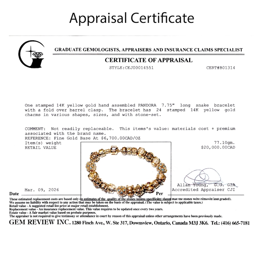 Image 755973_ALTMORE6.jpg, Product 755-973 / Price $18,995.00, Estate Originals 14K Yellow Gold Pandora Moments 7.75" Snake Chain Bracelet with Assorted Charms from Estate Originals on TSC.ca's Jewellery department
