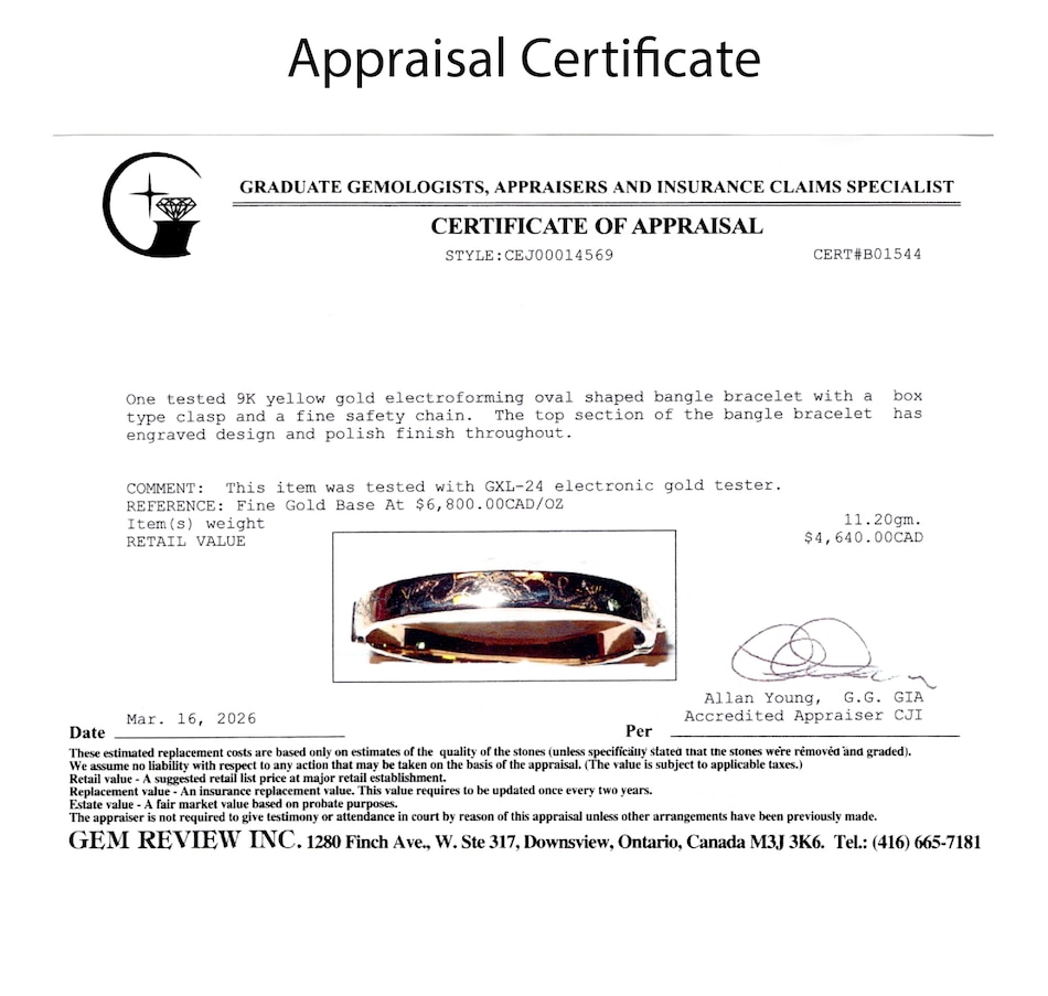 Image 755978_ALTMORE5.jpg, Product 755-978 / Price $2,295.00, Estate Originals 9K Yellow Gold Engraved Oval Bangle Bracelet, Signed "Birks" from Estate Originals on TSC.ca's Jewellery department