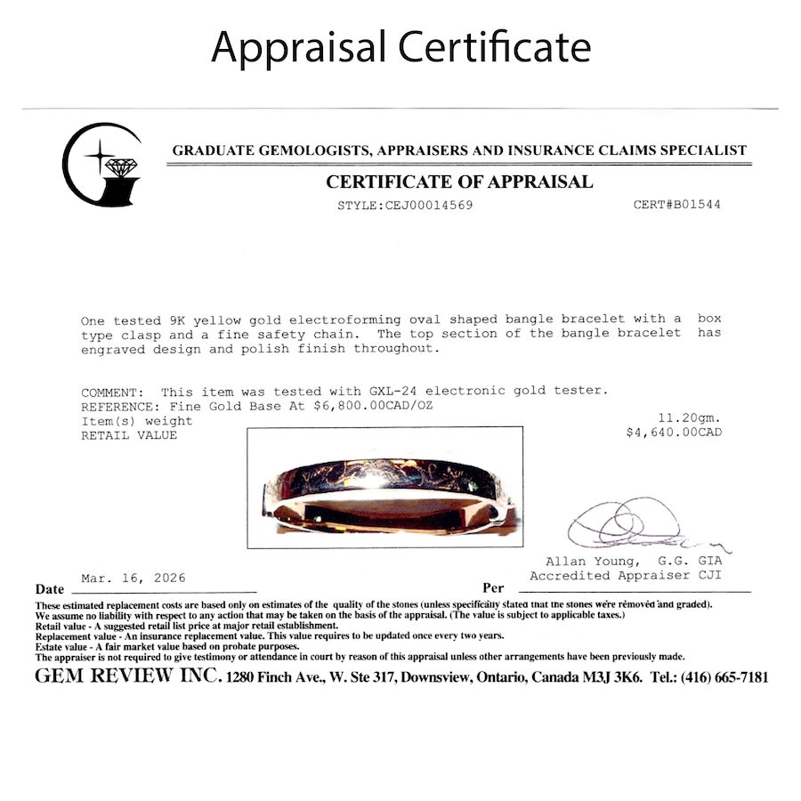 Image 755978_ALTMORE5.jpg, Product 755-978 / Price $2,295.00, Estate Originals 9K Yellow Gold Engraved Oval Bangle Bracelet, Signed "Birks" from Estate Originals on TSC.ca's Jewellery department
