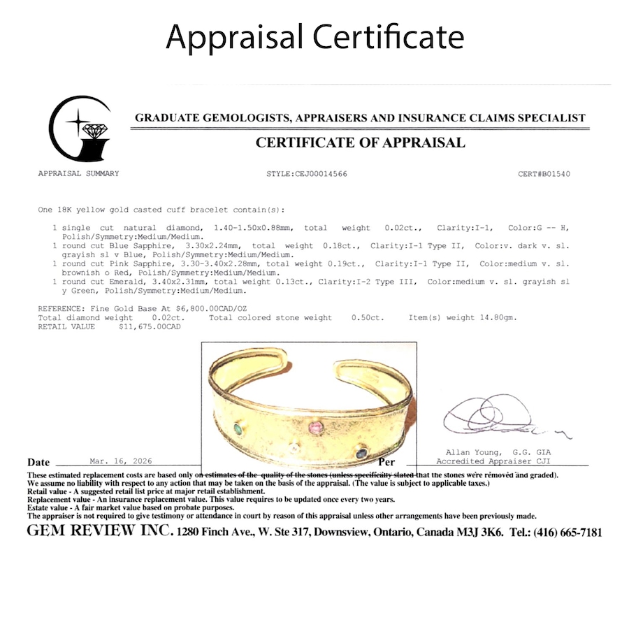 Image 755988_ALTMORE5.jpg, Product 755-988 / Price $5,795.00, Estate Originals 18K Yellow Gold Cuff Bracelet with Bezel Set Gemstones from Estate Originals on TSC.ca's Jewellery department