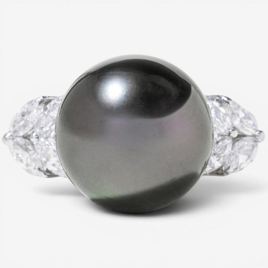 Image 755998.jpg, Product 755-998 / Price $5,695.00, Estate Originals Platinum Tahitian Pearl and Marquise Diamond RIng from Estate Originals on TSC.ca's Jewellery department