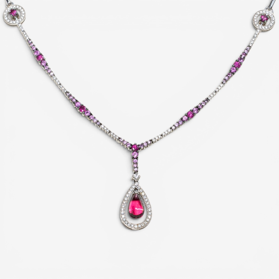 Image 756001.jpg, Product 756-001 / Price $8,288.00, Estate Originals 18K White Gold Pink Sapphire and Diamond Necklace with Rubies and a Garnet Drop Centrepiece from Estate Originals on TSC.ca's Jewellery department