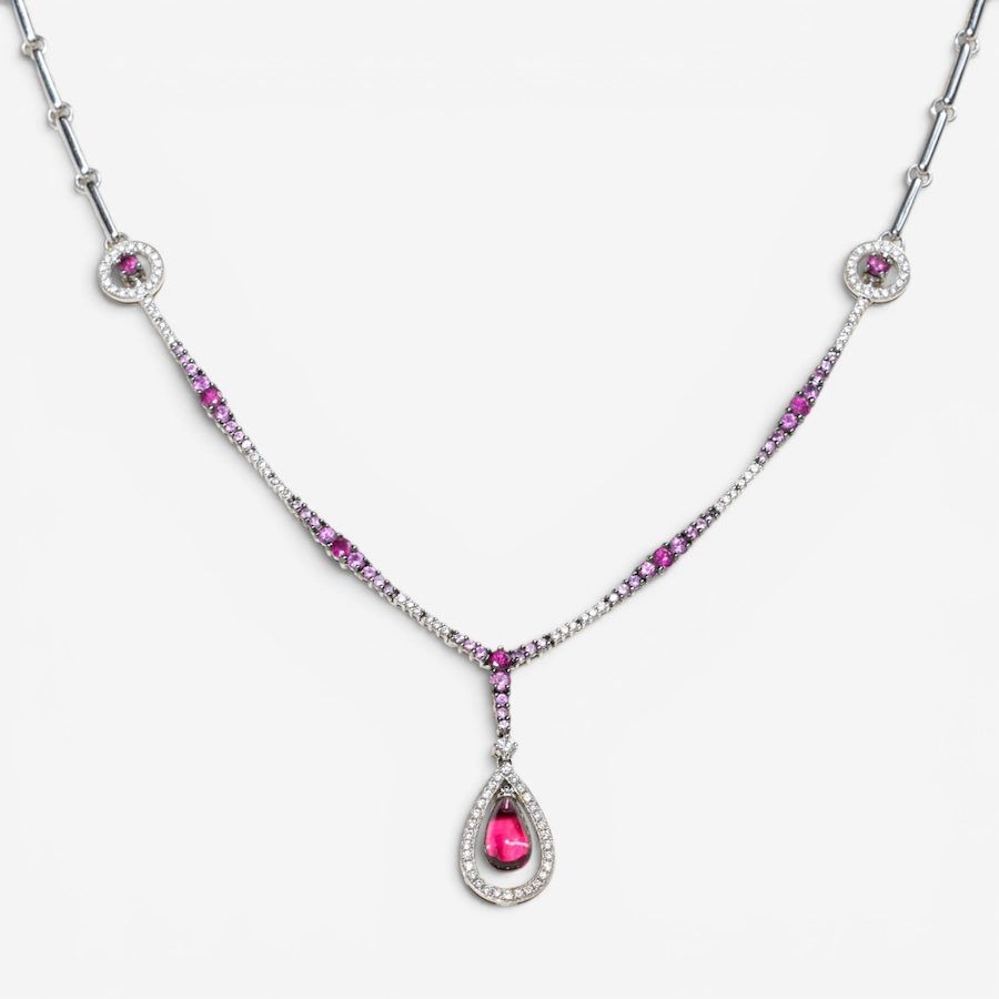 Image 756001_ALTMORE1.jpg, Product 756-001 / Price $8,288.00, Estate Originals 18K White Gold Pink Sapphire and Diamond Necklace with Rubies and a Garnet Drop Centrepiece from Estate Originals on TSC.ca's Jewellery department