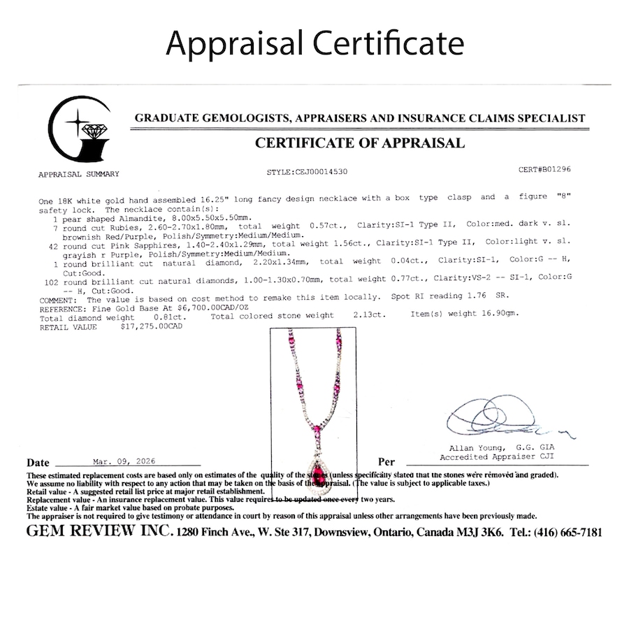 Image 756001_ALTMORE5.jpg, Product 756-001 / Price $8,288.00, Estate Originals 18K White Gold Pink Sapphire and Diamond Necklace with Rubies and a Garnet Drop Centrepiece from Estate Originals on TSC.ca's Jewellery department