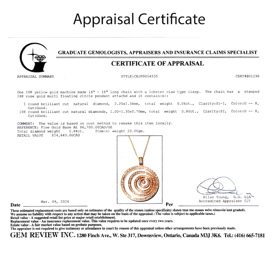 Image 756002_ALTMORE5.jpg, Product 756-002 / Price $6,888.00, Estate Originals 18K Rose Gold Diamond-Set Floating Concentric Circle Pendant with Yellow Gold Chain from Estate Originals on TSC.ca's Jewellery department