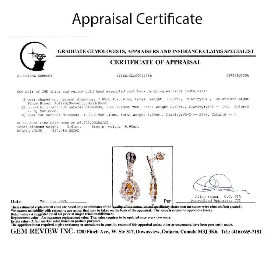 Image 756004_ALTMORE3.jpg, Product 756-004 / Price $8,495.00, Estate Originals 18K White and Yellow Gold Pear-Shaped Fancy Champagne and White Diamond Halo Drop Earrings from Estate Originals on TSC.ca's Jewellery department
