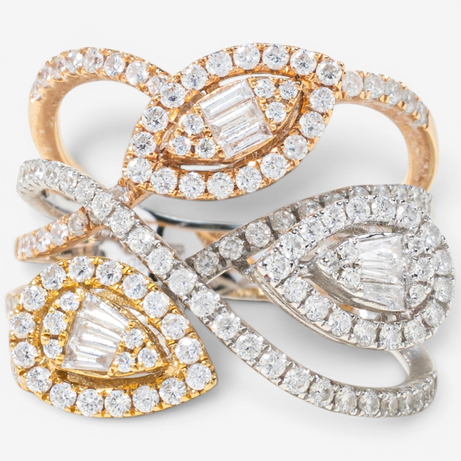 Image 756006.jpg, Product 756-006 / Price $6,495.00, Estate Originals 18K Yellow, White and Rose Gold Baguette and Round Crossover Diamond Ring from Estate Originals on TSC.ca's Jewellery department