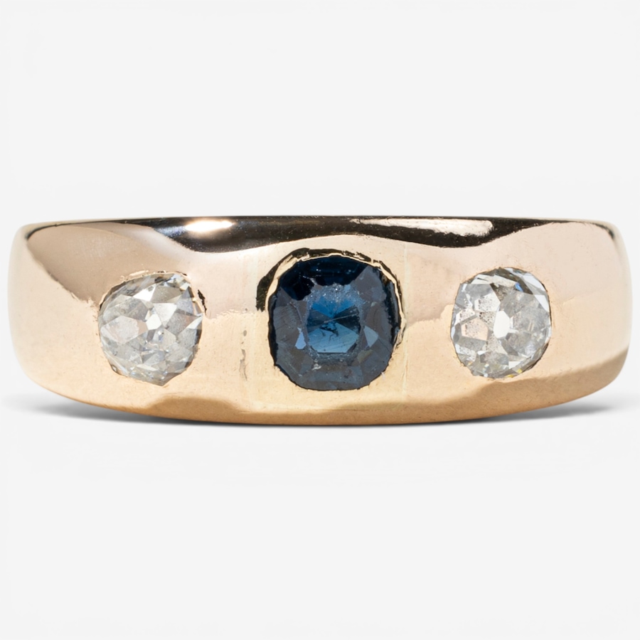 Image 756013.jpg, Product 756-013 / Price $2,288.00, Estate Originals 14K Yellow Gold Synthetic Sapphire and Old European-Cut Diamond Three-Across Ring from Estate Originals on TSC.ca's Jewellery department