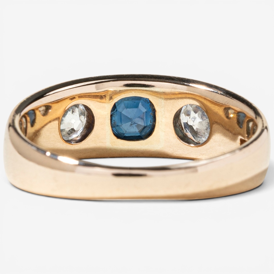 Image 756013_ALTMORE3.jpg, Product 756-013 / Price $2,288.00, Estate Originals 14K Yellow Gold Synthetic Sapphire and Old European-Cut Diamond Three-Across Ring from Estate Originals on TSC.ca's Jewellery department